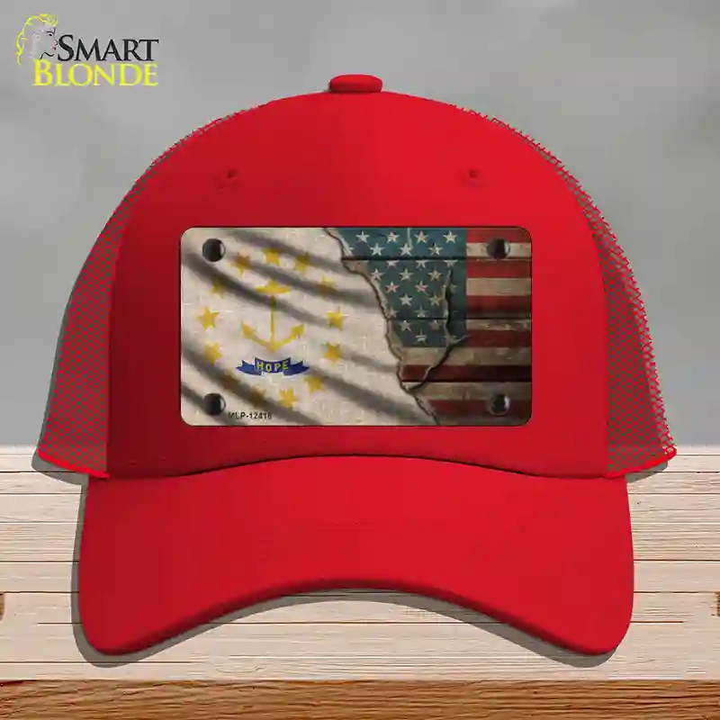 HAT17-MLP-12418 Rhode Island & American Flag Novelty License Plate Hat, Mesh - Red
