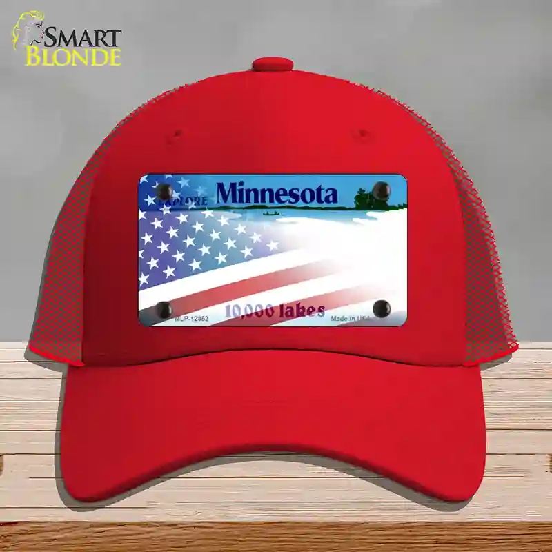 HAT17-MLP-12352 Minnesota with American Flag Novelty License Plate Hat, Mesh - Red