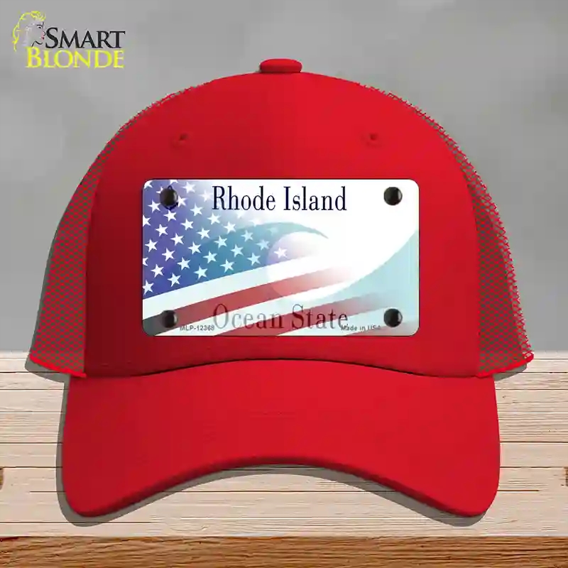 HAT17-MLP-12368 Rhode Island with American Flag Novelty License Plate Hat, Mesh - Red