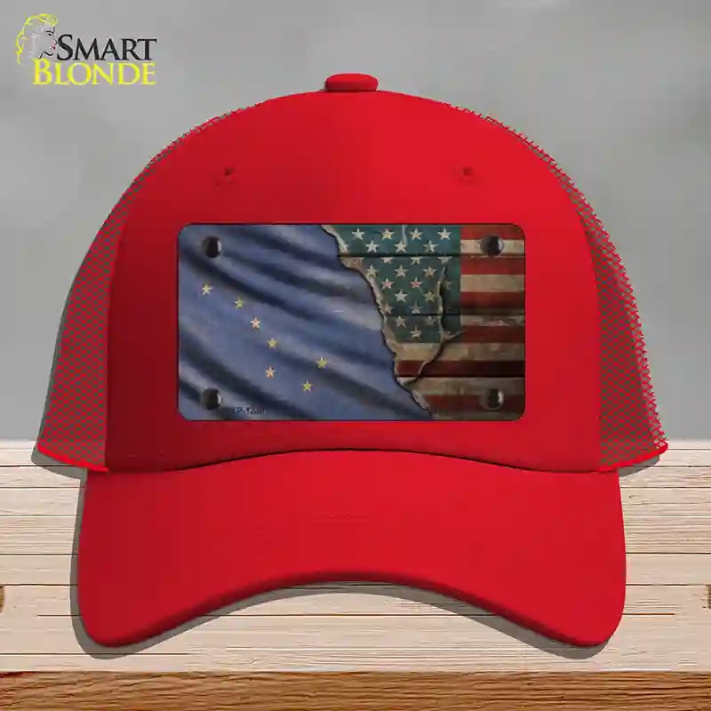 HAT17-MLP-12381 Alaska & American Flag Novelty License Plate Hat, Mesh - Red