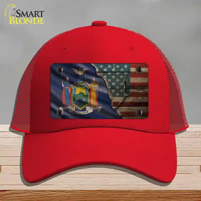 HAT17-MLP-12411   York & American Flag Novelty License Plate Hat, Mesh - Red