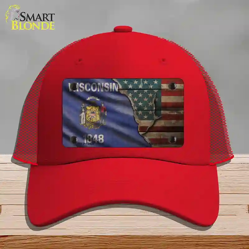HAT17-MLP-12428 Wisconsin & American Flag Novelty License Plate Hat, Mesh - Red