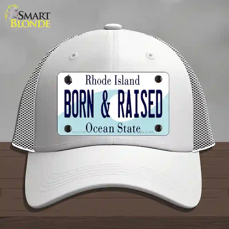HAT19-MLP-11217 Born & Raised Rhode Island State Novelty License Plate Hat, Mesh - White