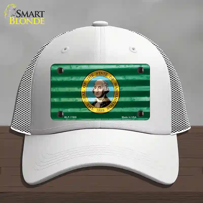 HAT19-MLP-11988 Washington Corrugated Flag Novelty License Plate Hat, Mesh - White