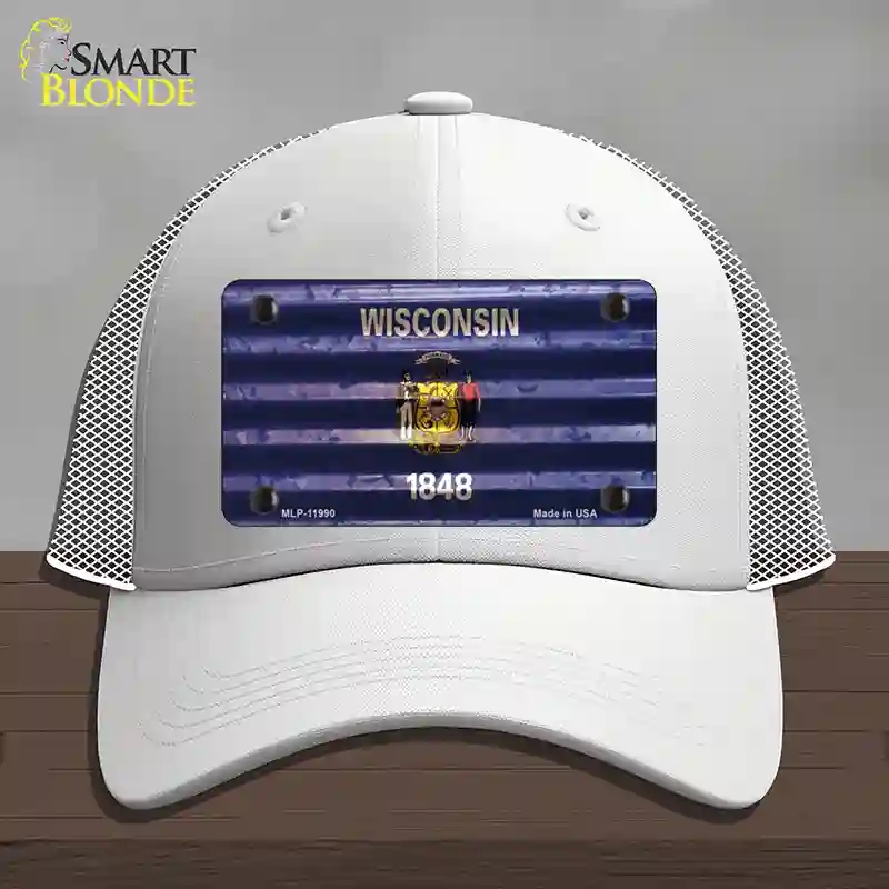 HAT19-MLP-11990 Wisconsin Corrugated Flag Novelty License Plate Hat, Mesh - White