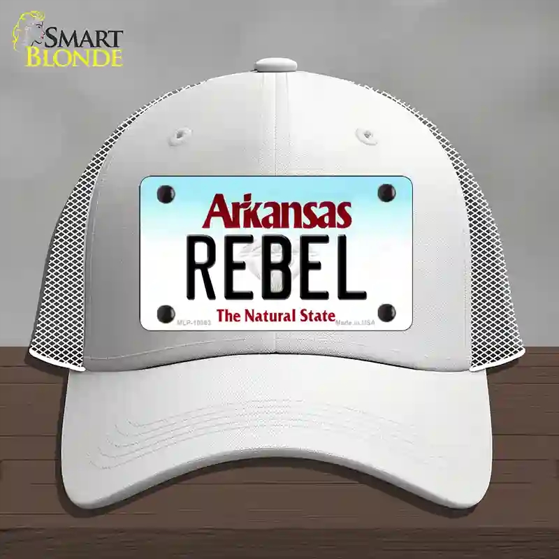 HAT19-MLP-10063 Rebel Arkansas Novelty License Plate Hat, Mesh - White