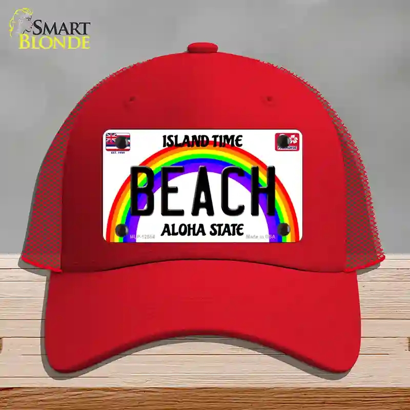 HAT17-MLP-12554 Beach Hawaii Novelty License Plate Hat, Mesh - Red