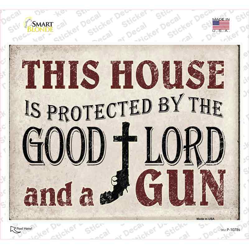 P-1078s-M Protected By the Lord & Gun Novelty Rectangle Sticker Decal, Medium