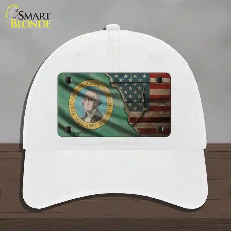 HAT14-MLP-12426 Washington & American Flag Novelty License Plate Hat, Unconstructed Cotton - White