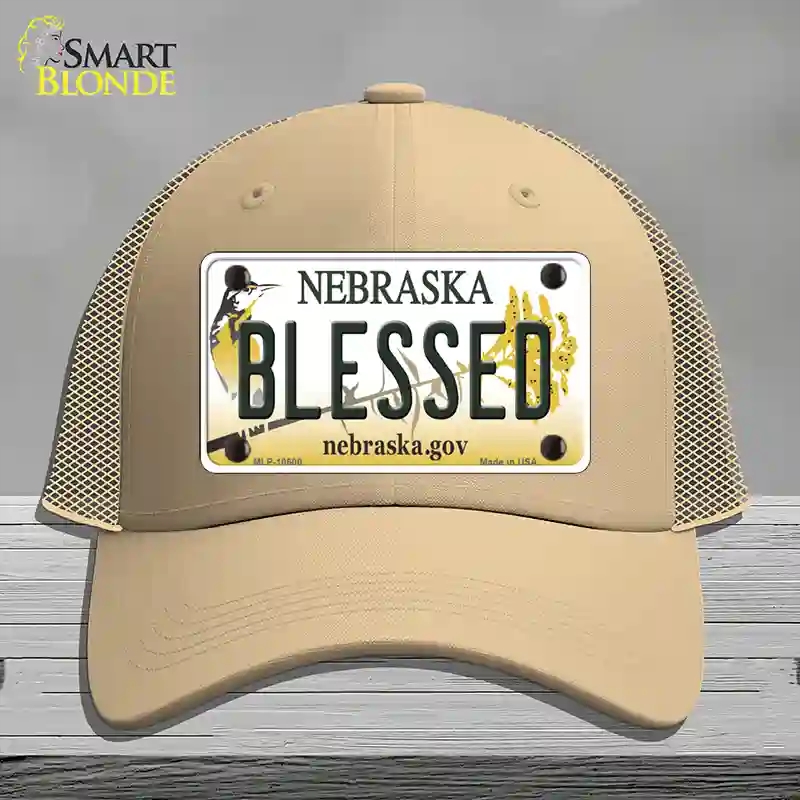 HAT15-MLP-10600 Blessed Nebraska Novelty License Plate Hat, Mesh - Khaki