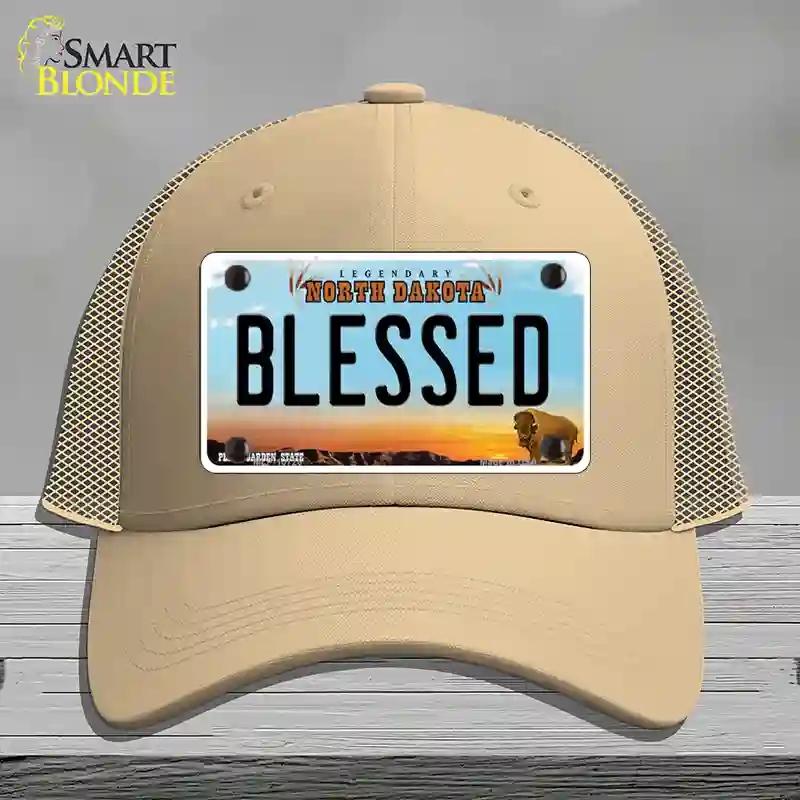 HAT15-MLP-10726 Blessed North Dakota Novelty License Plate Hat, Mesh - Khaki