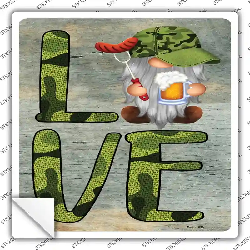 SQ-1498s-S Camo Love Grilling Gnome Novelty Square Sticker Decal, Small