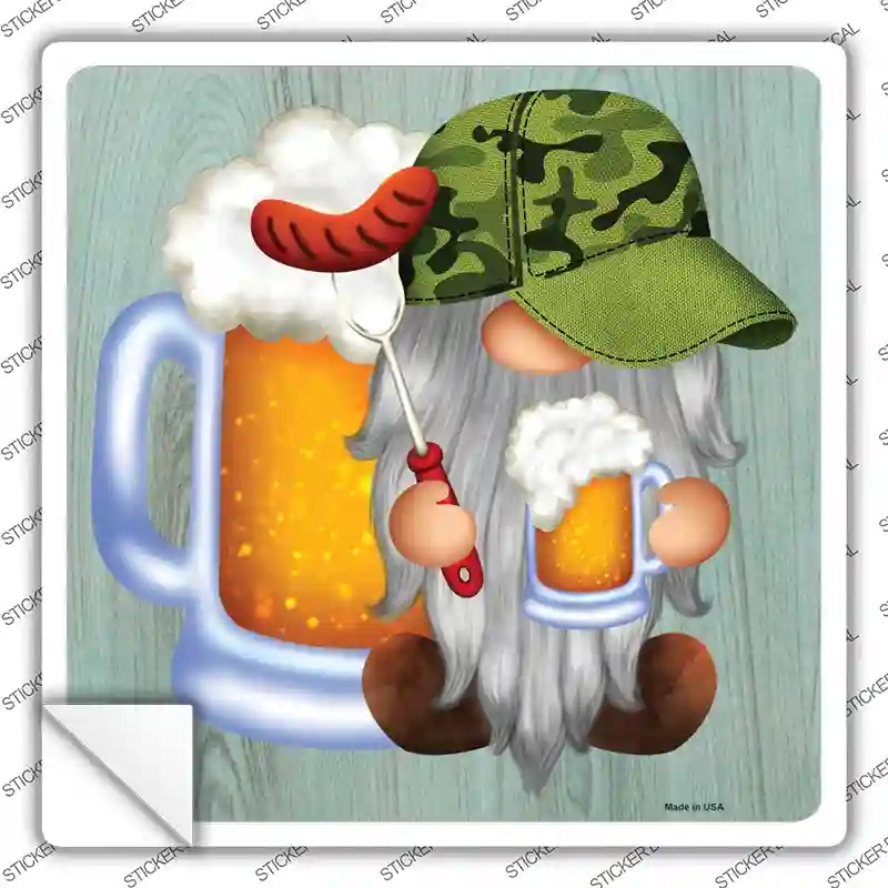 SQ-1499s-L Beer Camo Grilling Gnome Novelty Square Sticker Decal, Large