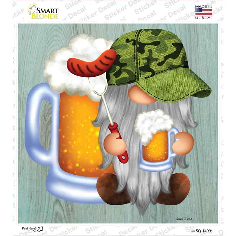 SQ-1499s-M Beer Camo Grilling Gnome Novelty Square Sticker Decal, Medium