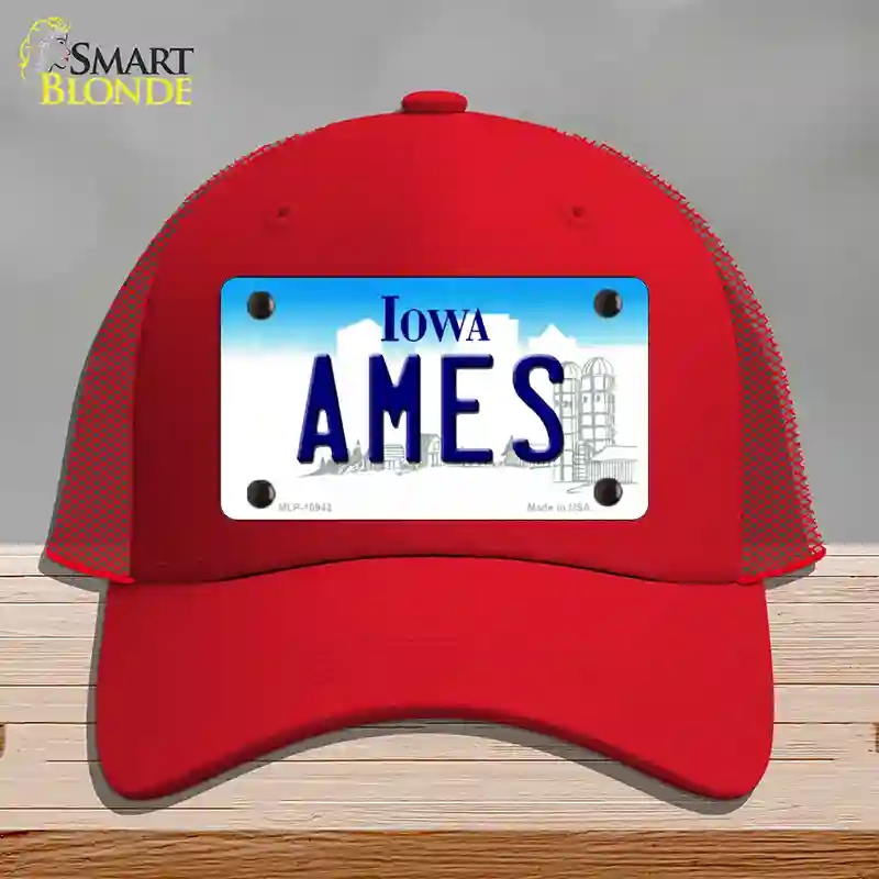 HAT17-MLP-10942 Ames Iowa Novelty License Plate Hat, Mesh - Red