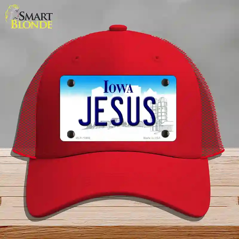 HAT17-MLP-10956 Jesus Iowa Novelty License Plate Hat, Mesh - Red