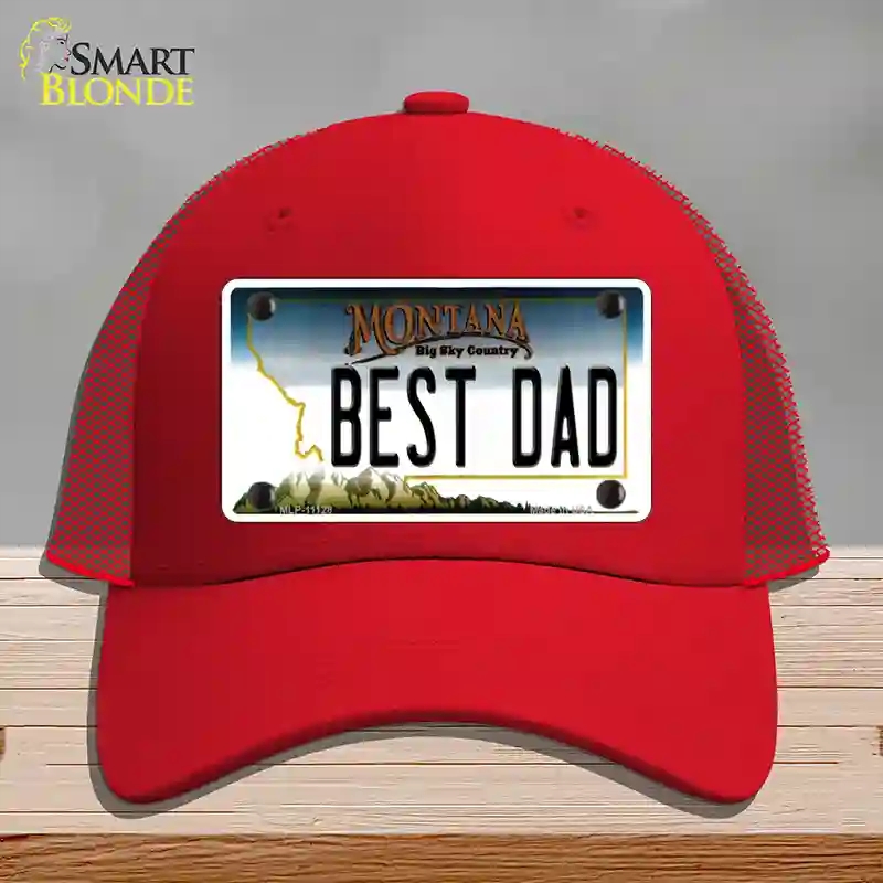HAT17-MLP-11128 Best Dad Montana State Novelty License Plate Hat, Mesh - Red