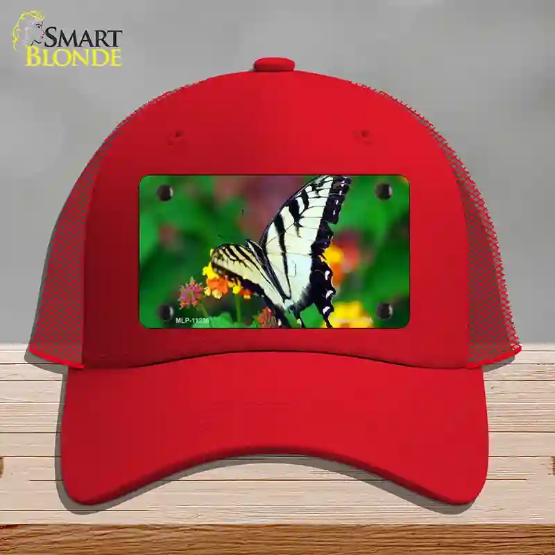 HAT17-MLP-11236 Butterfly Black & White Novelty License Plate Hat, Mesh - Red