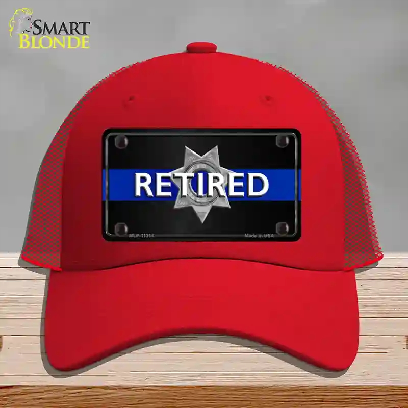 HAT17-MLP-11314 Thin Blue Line Retired Police Novelty License Plate Hat, Mesh - Red