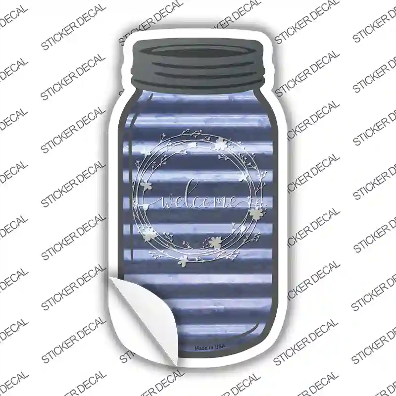 MJ-499s-L Welcome Blue Corrugated Novelty Mason Jar Sticker Decal, Large