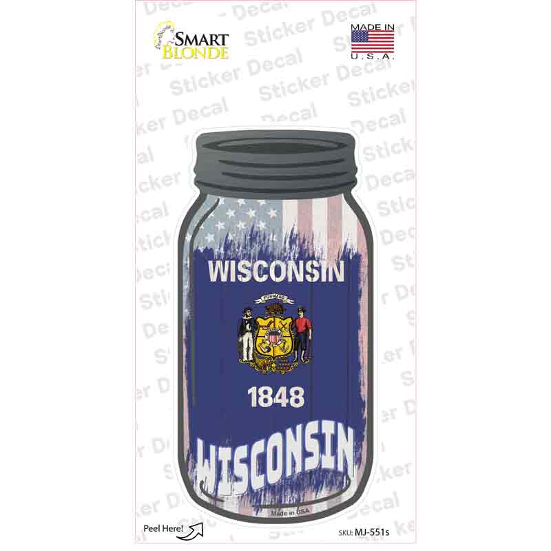 MJ-551s-M Wisconsin USA Flag Novelty Mason Jar Sticker Decal, Medium