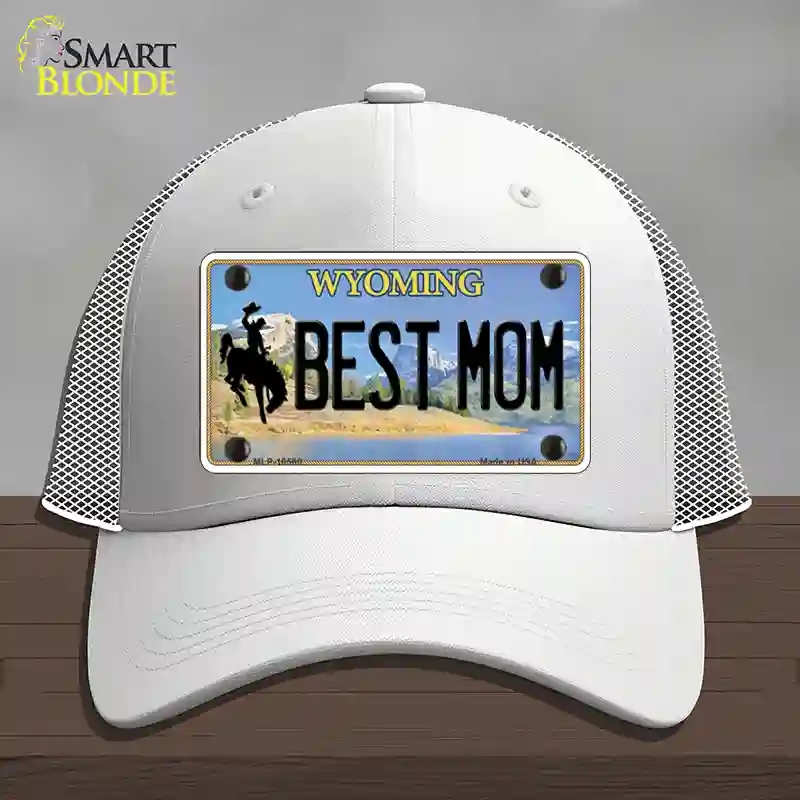 HAT19-MLP-10560 Best Mom Wyoming Novelty License Plate Hat, Mesh - White