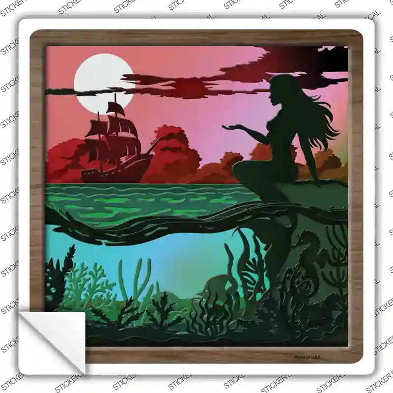 SQ-1351s-L Mermaid & Ship Shadow Box Novelty Square Sticker Decal, Large