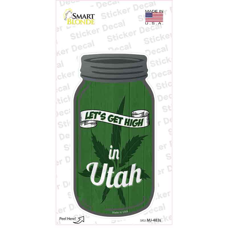 MJ-483s-M Get High Utah Green Novelty Mason Jar Sticker Decal, Medium