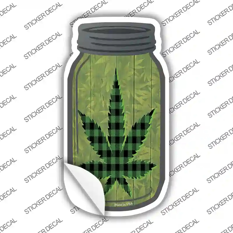 MJ-635s-L Weed Leaf Green Plaid Novelty Mason Jar Sticker Decal, Large