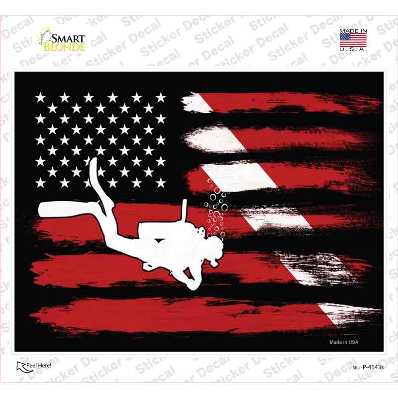P-4143s-M Diver US Flag Novelty Rectangular Sticker Decal, Medium
