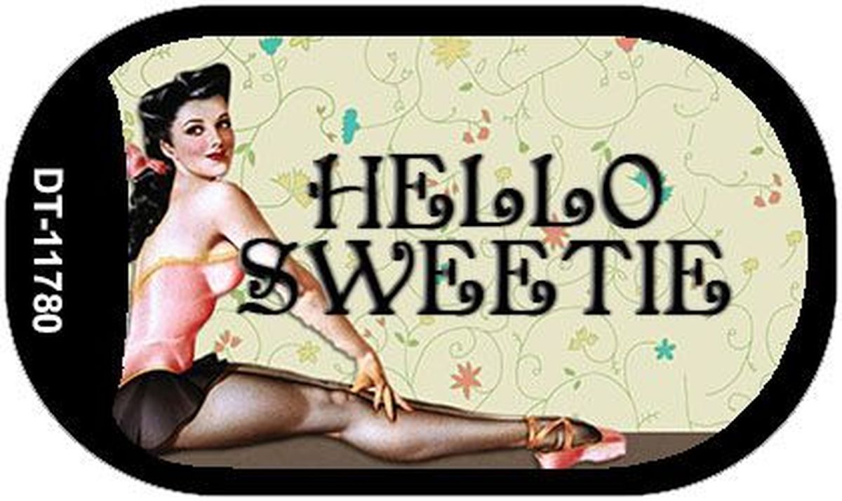 Picture of Smart Blonde DT-11780 1.5 x 2 in. Hello Sweetie Vintage Pinup Novelty Metal Dog Tag Necklace
