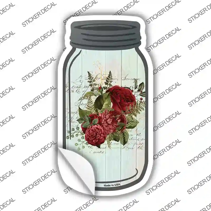 MJ-299s-L Red Flowers with Notes Novelty Mason Jar Sticker Decal, Large