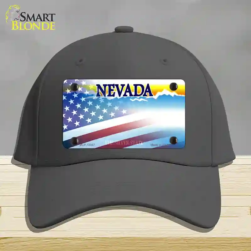 HAT04-MLP-12357 Nevada with American Flag Novelty License Plate Hat, Cotton - Charcoal