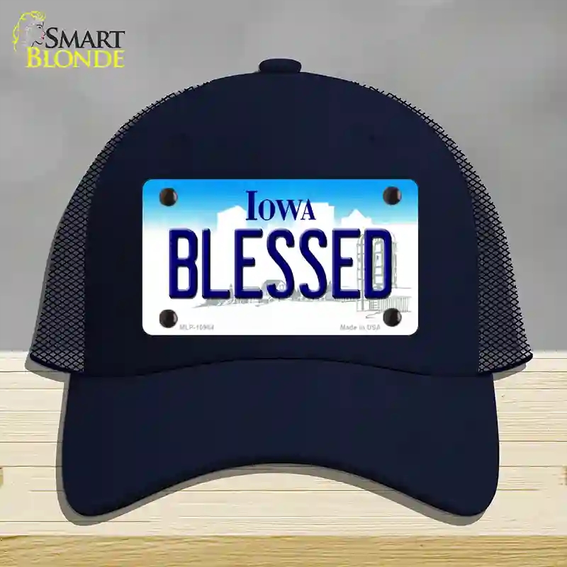 HAT16-MLP-10964 Blessed Iowa Novelty License Plate Hat, Mesh - Navy