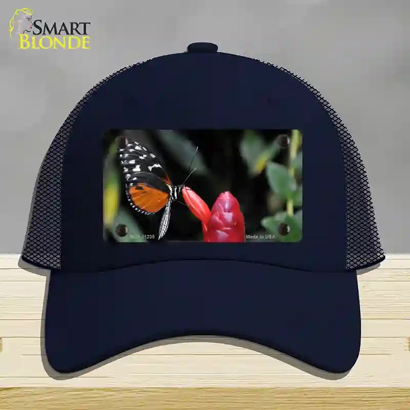 HAT16-MLP-11235 Butterfly on Red Flower Novelty License Plate Hat, Mesh - Navy