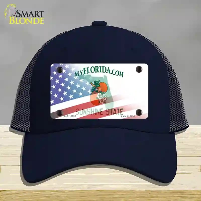 HAT16-MLP-12338 Florida with American Flag Novelty License Plate Hat, Mesh - Navy