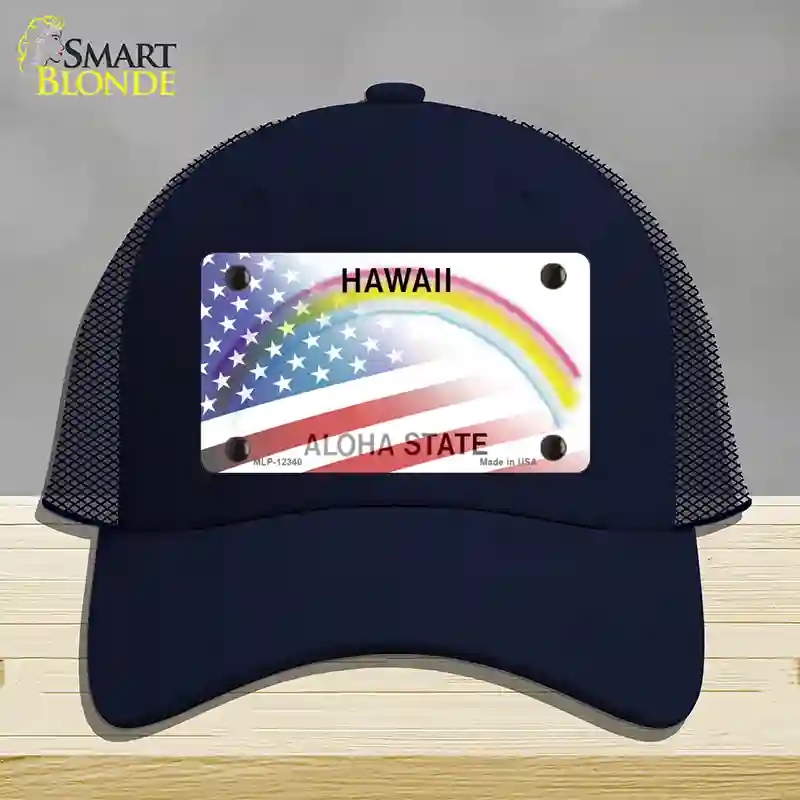 HAT16-MLP-12340 Hawaii with American Flag Novelty License Plate Hat, Mesh - Navy