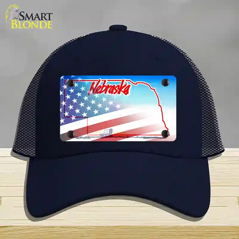 HAT16-MLP-12356 Nebraska with American Flag Novelty License Plate Hat, Mesh - Navy