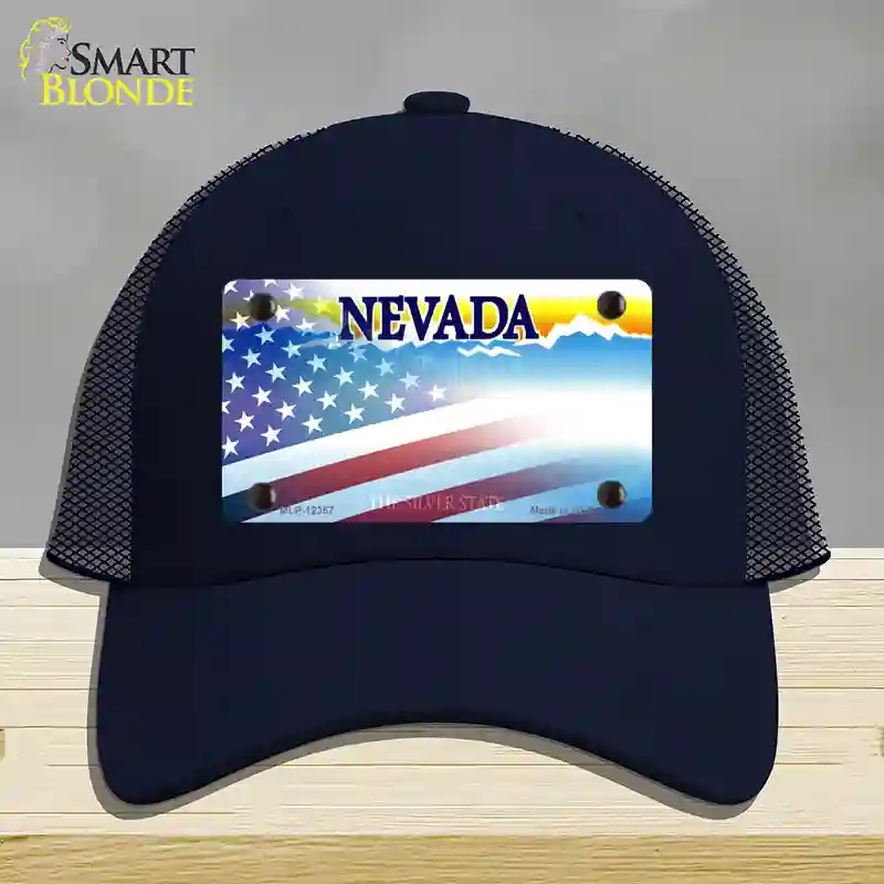 HAT16-MLP-12357 Nevada with American Flag Novelty License Plate Hat, Mesh - Navy