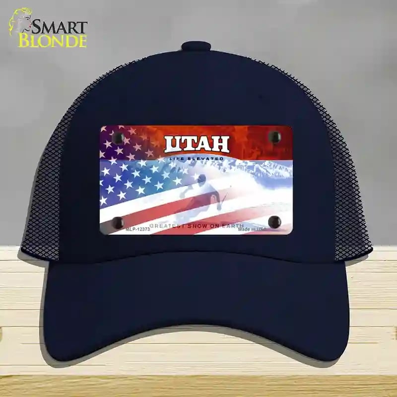 HAT16-MLP-12373 Utah with American Flag Novelty License Plate Hat, Mesh - Navy