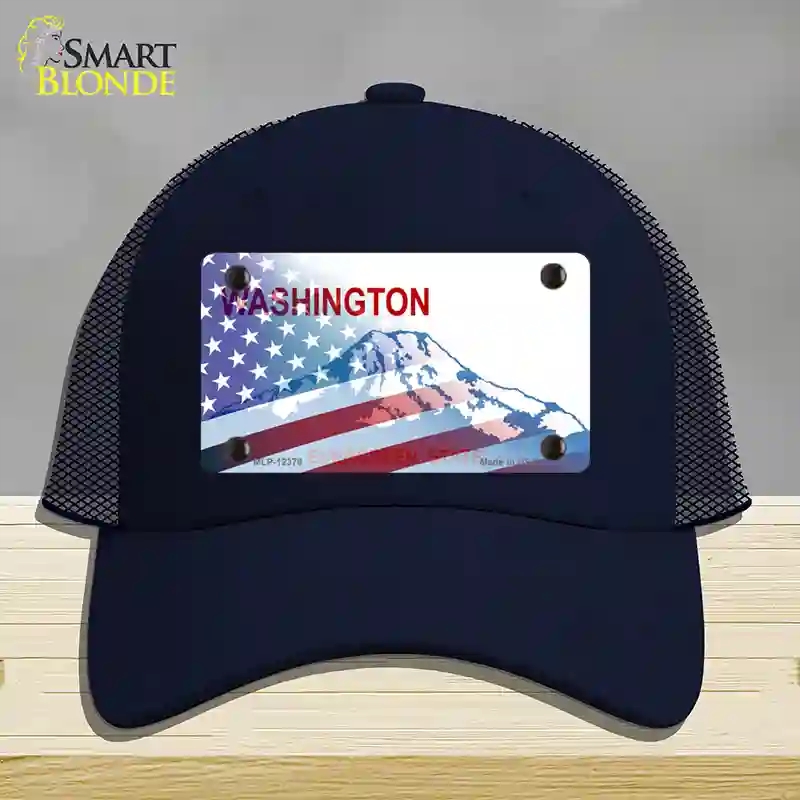 HAT16-MLP-12376 Washington with American Flag Novelty License Plate Hat, Mesh - Navy