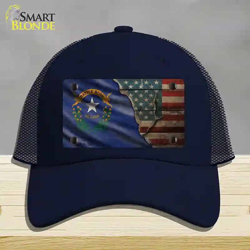 HAT16-MLP-12407 Nevada & American Flag Novelty License Plate Hat, Mesh - Navy