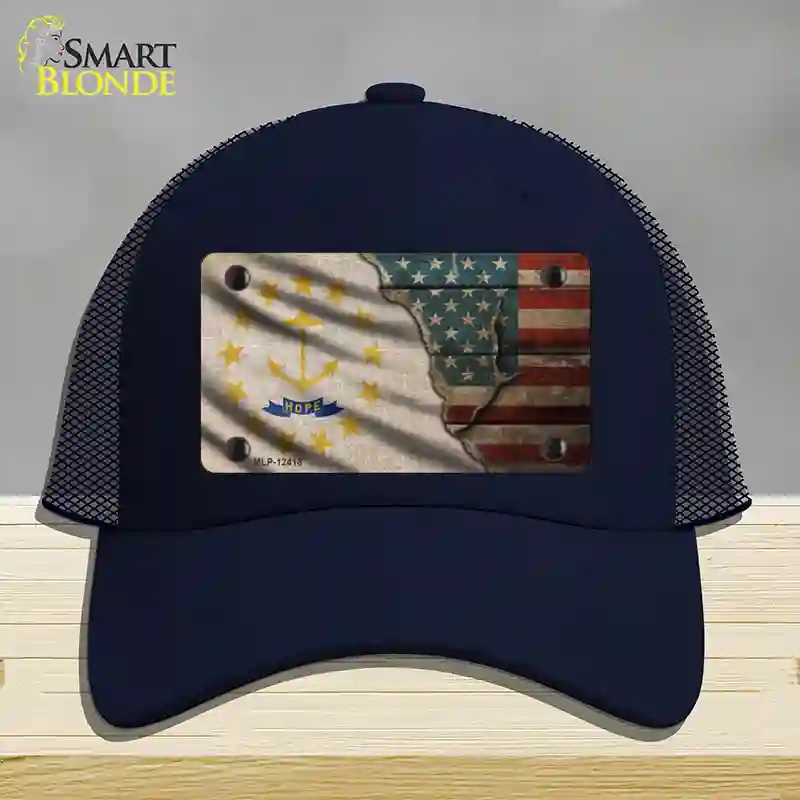 HAT16-MLP-12418 Rhode Island & American Flag Novelty License Plate Hat, Mesh - Navy