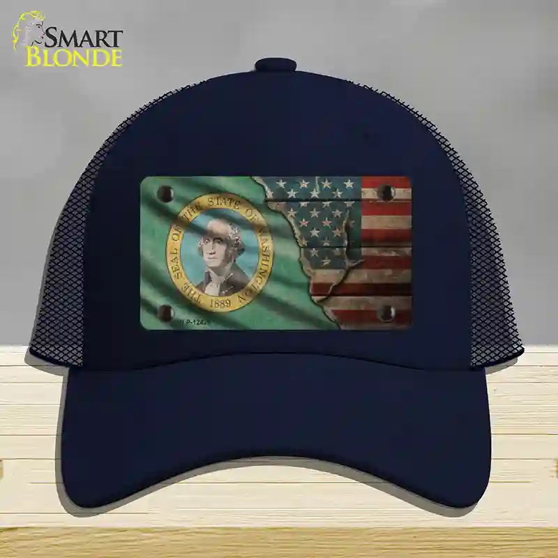 HAT16-MLP-12426 Washington & American Flag Novelty License Plate Hat, Mesh - Navy
