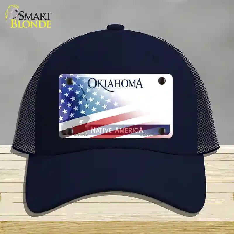 HAT16-MLP-12455 Oklahoma Bow with American Flag Novelty License Plate Hat, Mesh - Navy