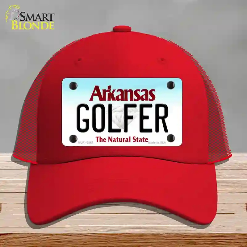 HAT17-MLP-10057 Golfer Arkansas Novelty License Plate Hat, Mesh - Red
