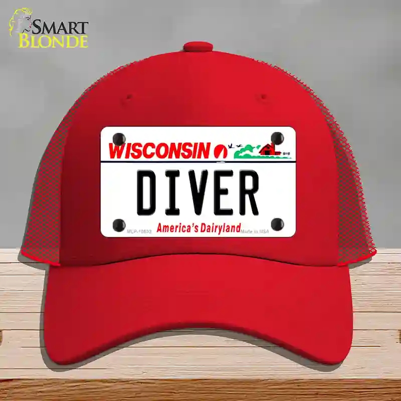 HAT17-MLP-10633 Diver Wisconsin Novelty License Plate Hat, Mesh - Red