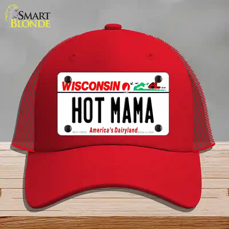 HAT17-MLP-10638 Hot Mama Wisconsin Novelty License Plate Hat, Mesh - Red