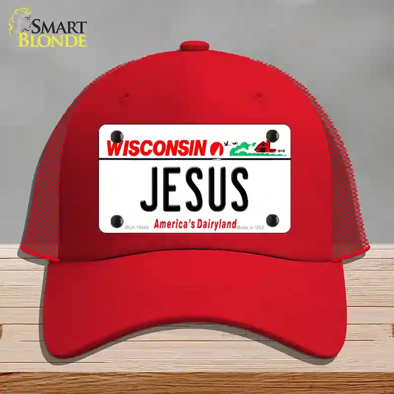 HAT17-MLP-10640 Jesus Wisconsin Novelty License Plate Hat, Mesh - Red