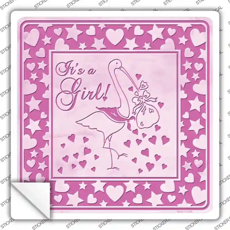 SQ-294s-L Its A Girl with Stork Novelty Square Sticker Decal, Large